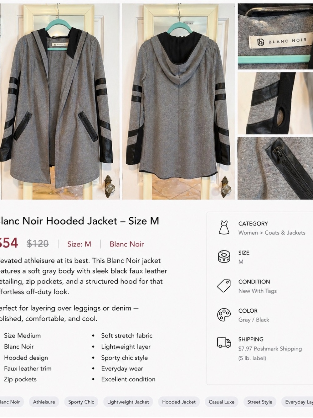 blanc noir Gray Hooded Jacket with Black Faux-Leather Trim